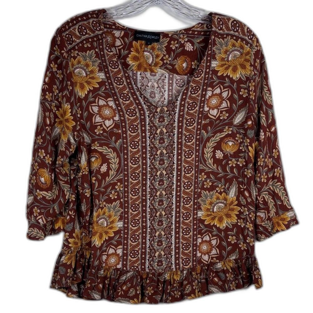 Cynthia Rowley Boho Floral Blouse Burgundy & Rust V Neck Earthy Peasant Top Sz S